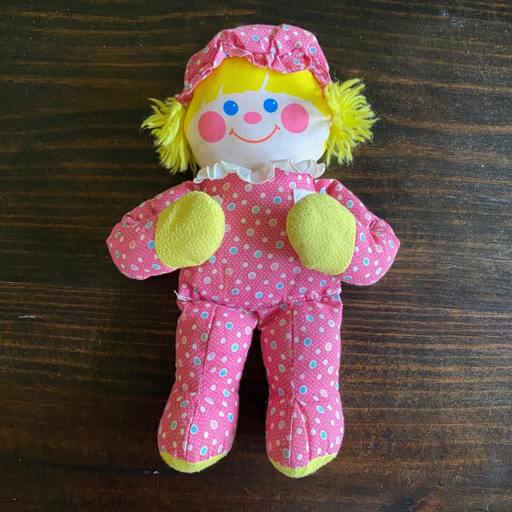 Vintage Fisher Price Crib Friend Girl Pink 1984 Plush Doll Toy Squeak Rattle